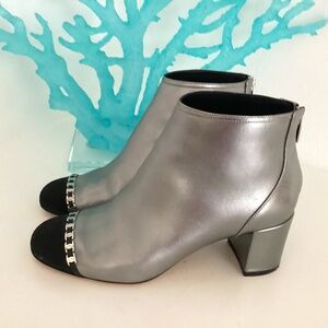Salvatore Ferragamo Silver leather & Black fabric Chain-Link Accents Ankle Boots